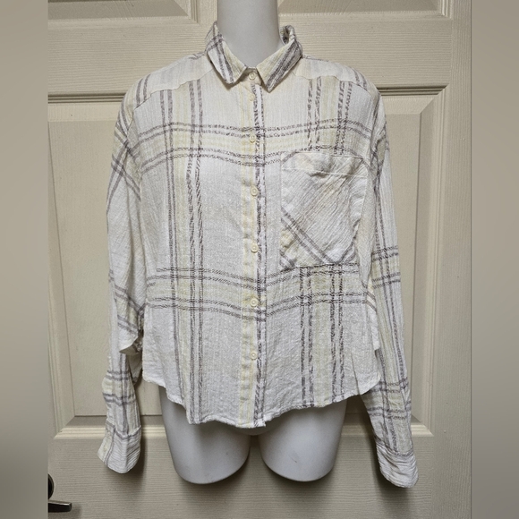 Free People Beige Plaid Cropped Batwing Long Sleeve ButtonUp Shirt SzXS - Picture 4 of 12